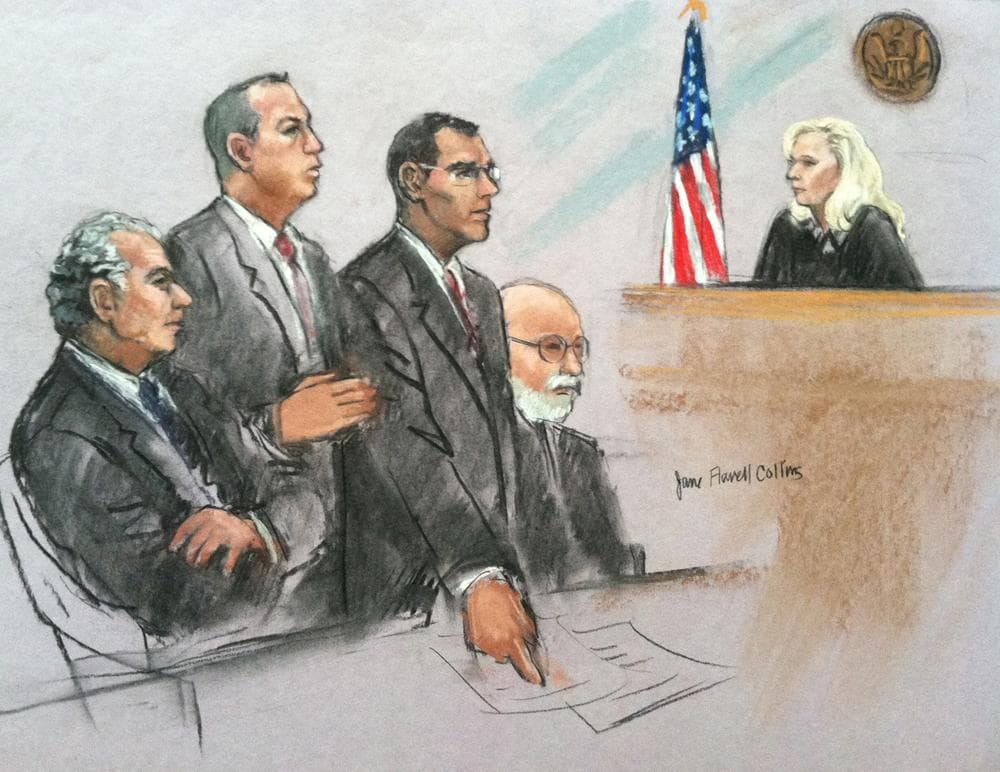 From left to right: federal prosecutors Fred Wyshak and Brian Kelly, and defense lawyers Henry Brennan and J.W. Carney. (Jane Collins)