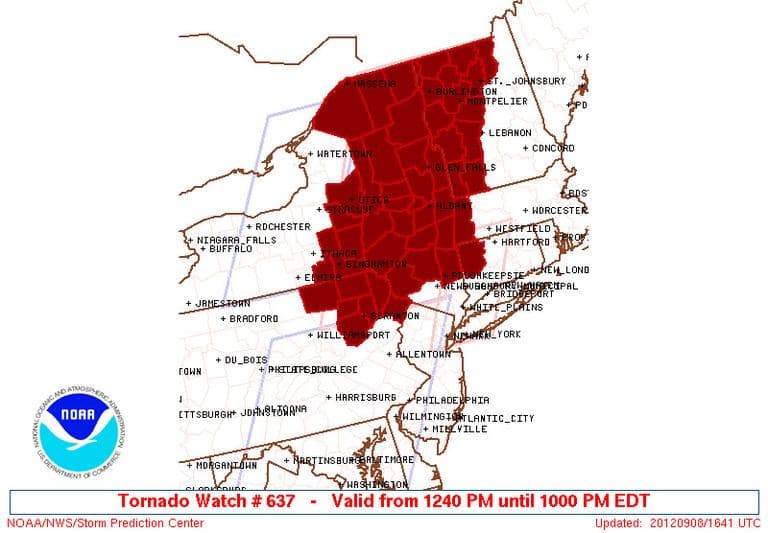 CLICK TO ENLARGE: Tornado watch #637, effective until 10 p.m. Saturday. (Courtesy of the National Oceanic and Atmospheric Administration, National Weather Service, Storm Prediction Center)