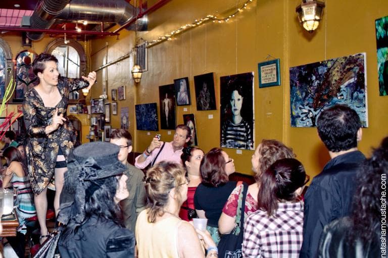 Original art, mainly depicting Palmer, hangs at the Middle East in Cambridge. (Courtesy Natasha Moustache)