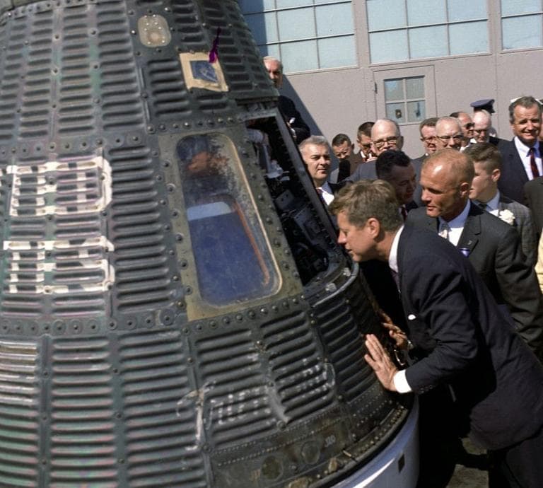 President John F. Kennedy and astronaut John Glenn look inside the Friendship 7 capsule on Feb. 23, 1962. (Stoughton, Cecil W./Courtesy)