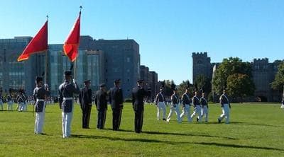 Cadets marched on the Plain at West Ponit before a recent football game, as they do before every face-off. (Alex Ashlock/Here & Now)