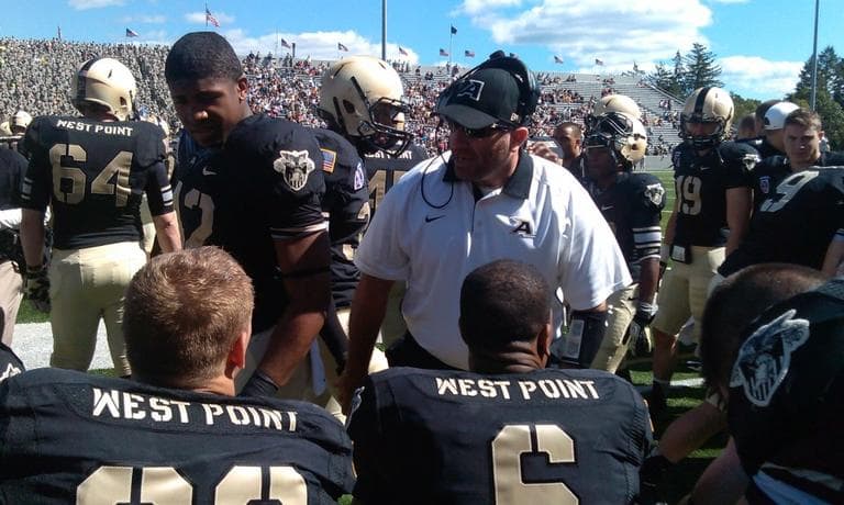 Army linebacker coach Payam Saadat during a September game against Northern Illinois. (Alex Ashlock/Here & Now)