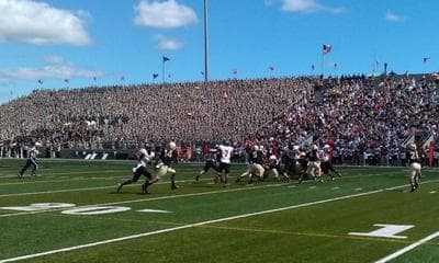 "Army goes into most every football game with players that are undersized compared to their opponents. But I was on the field and they are pretty tough. They rushed for nearly 500 yards against Northern Illinois but lost 41-40," Here & Now's Alex Ashlock wrote during his recent visit to West Point. (Alex Ashlock/Here & Now)