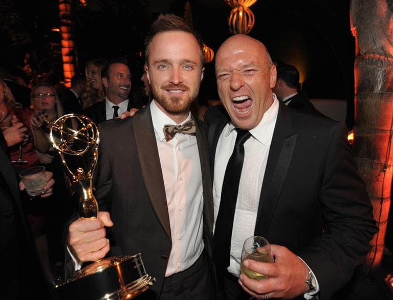 Actors Aaron Paul, left, and Dean Norris of "Breaking Bad" at the AMC Emmy After Party on Sunday. (AMC/AP)