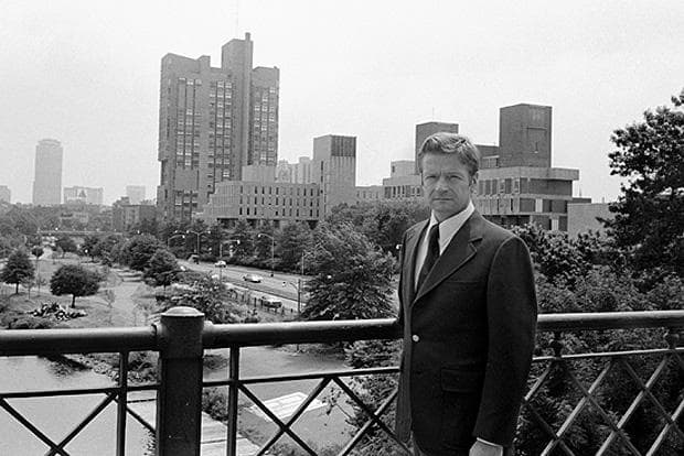 John Silber on the Boston University Bridge in July 1976 (Courtesy of Boston University)