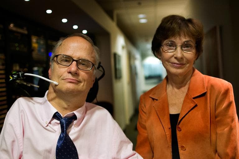 John Kelly, disabilities rights activist and founder of Second Thoughts, and Dr. Marcia Angell, senior lecturer in social medicine at Harvard Medical School and former editor of the New England Journal of Medicine. (Jesse Costa/WBUR)