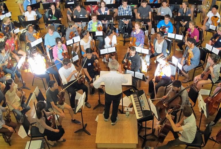 Benjamin Zander in action with the new Boston Philharmonic Youth Orchestra. (Andrea Shea/WBUR)
