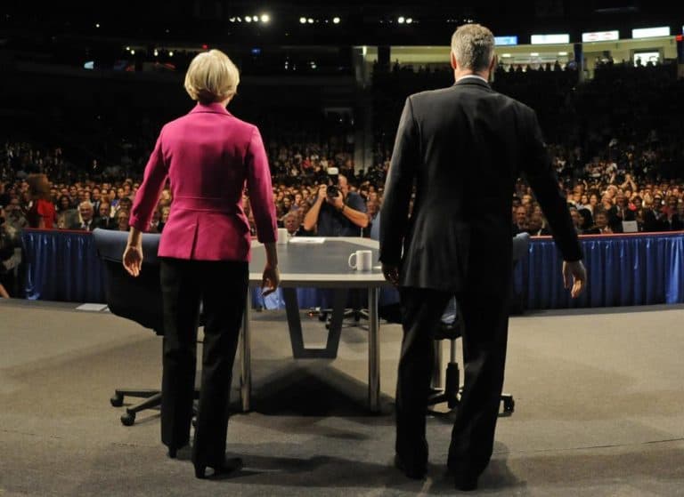 Republican U.S. Sen. Scott Brown, right, and Democratic challenger Elizabeth Warren, left, arrive for a debate in Lowell on Oct. 1. Christopher Evans/The Boston Herald, AP/Pool)