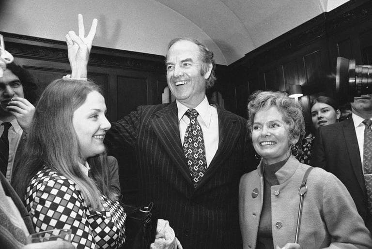 Sen. George McGovern signals victory as he talked with newsmen in April 1972 in Boston, after he won the Massachusetts Democratic presidential primary. (AP)