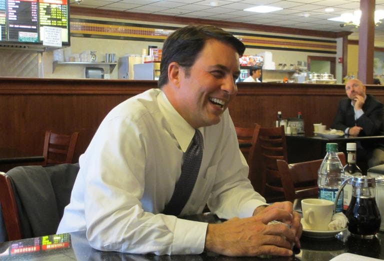 Republican Richard Tisei, former state senator and candidate for the 6th Congressional District, at Brothers Deli and Restaurant in Wakefield. (Kathleen McNerney/WBUR)