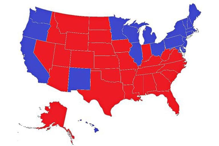 This map shows one of several possible scenarios that would result in a tie of the Electoral College.