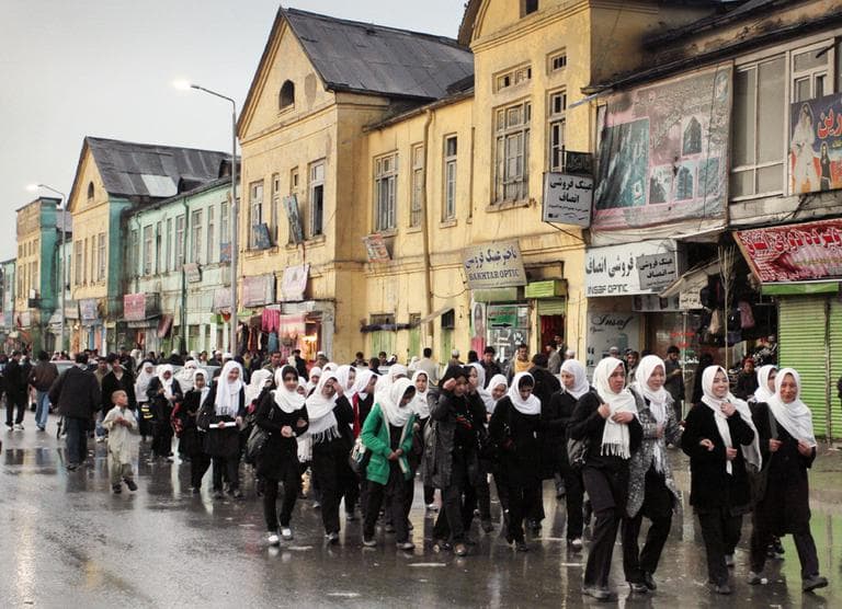Afghan school girls walk home after class in downtown Kabul, Afghanistan, in April 2012. (Musadeq Sadeq/AP)