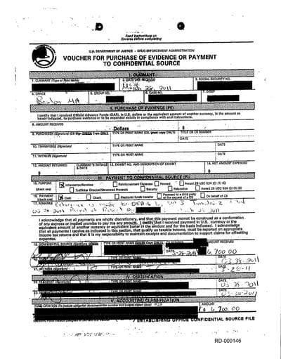 CLICK TO ENLARGE: The voucher for cash payment of $6,700 to confidential informant Ronald Dardinski following the arrest of Robert George in March 2011