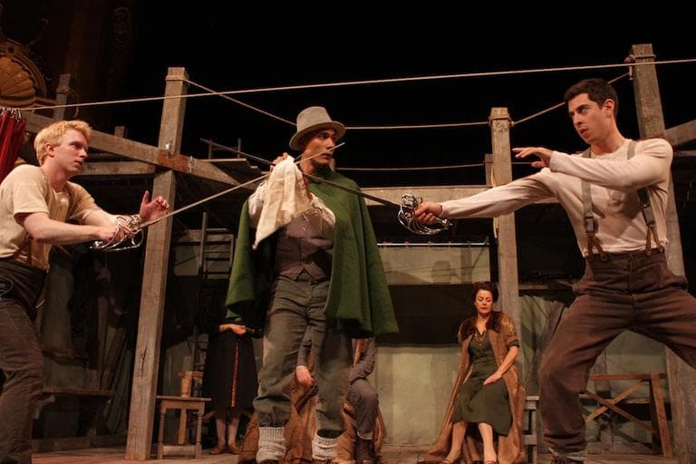 Hamlet (Michael Benz) and Laertes (Matthew Romain) cross swords. (Courtesy Shakespeare's Globe)