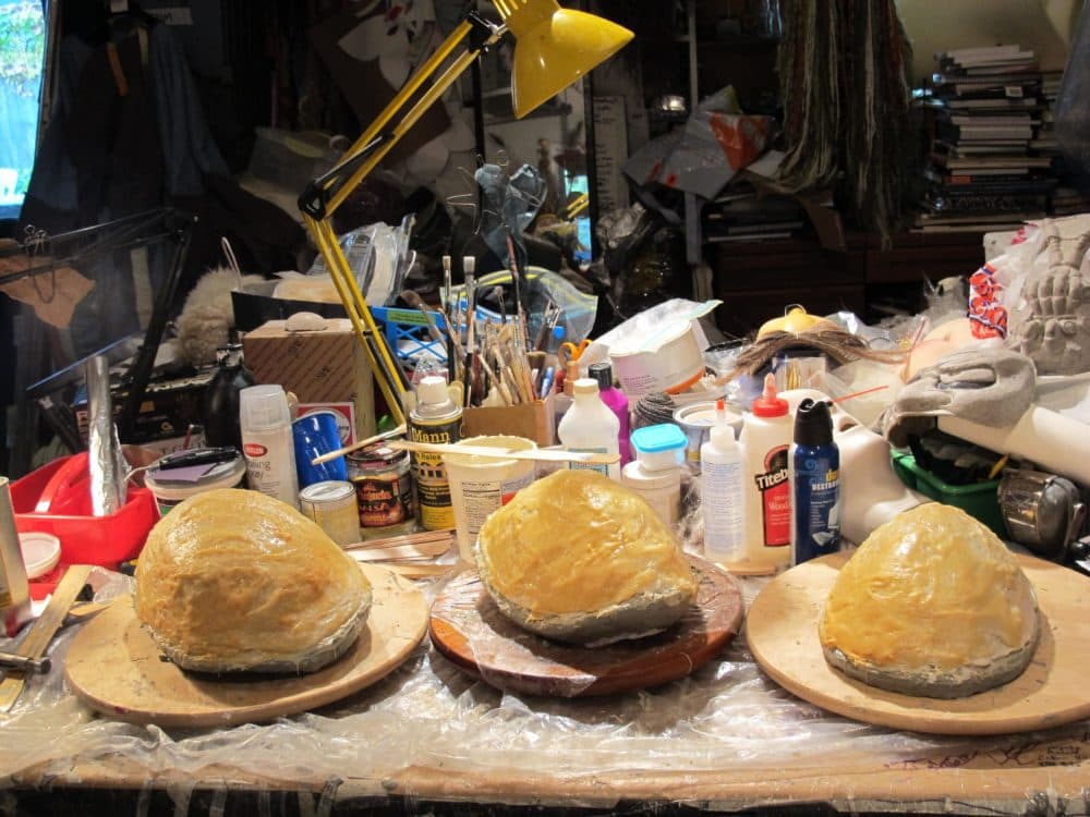 The molds for three masks Bornstein was making for the Boston Lyric Opera's production of "Madama Butterly." (Andrea Shea/WBUR)