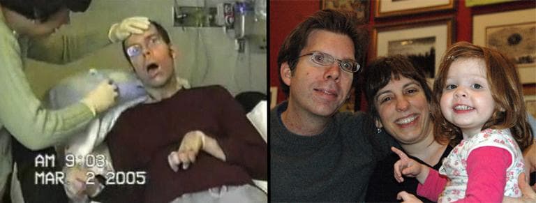 Jason Crigler, 7 months after his brain hemorrhage, and in 2008, with his wife, Monica and daughter, Ellie (Life. Support. Music.)