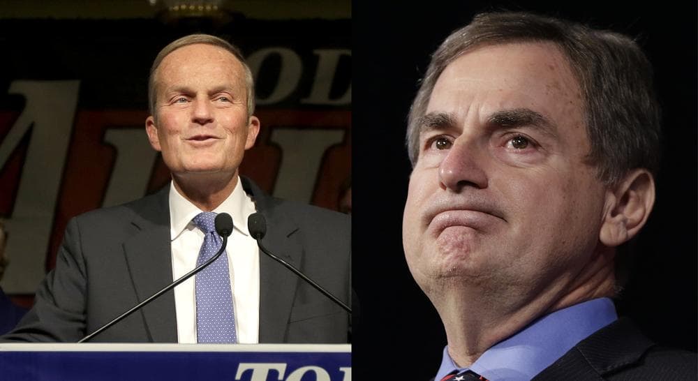 Left, U.S. Senate candidate Rep. Todd Akin, R-Mo. Right, U.S. Senate candidate Richard Mourdock, R-IN. (Charlie Riedel, Darron Cummings/AP)
