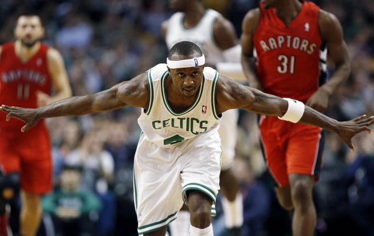 Boston Celtics' Jason Terry celebrates his three-pointer in the third quarter against the Toronto Raptors Saturday, Nov. 17, 2012. (Michael Dwyer/AP)