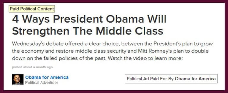 This screen grab from BuzzFeed shows a political ad that is presented alongside actual news stories.