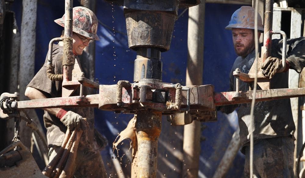 In this Tuesday, Feb. 21, 2012 photo, oil field workers drill into the Gypsum Hills near Medicine Lodge, Kan. An emerging oil boom has been sparked by modern technologies using horizontal drilling and a technique known as hydraulic fracturing, or “fracking,” to coax out oil and gas. The potential production from the Mississippian Lime formation here - and its impact on domestic energy supplies - remains uncertain. But the use of the technology to unlock energy supplies previously unavailable in the United States is now in play in places like Pennsylvania, Wyoming, Colorado, New Mexico, Texas, Oklahoma and Louisiana. (AP)