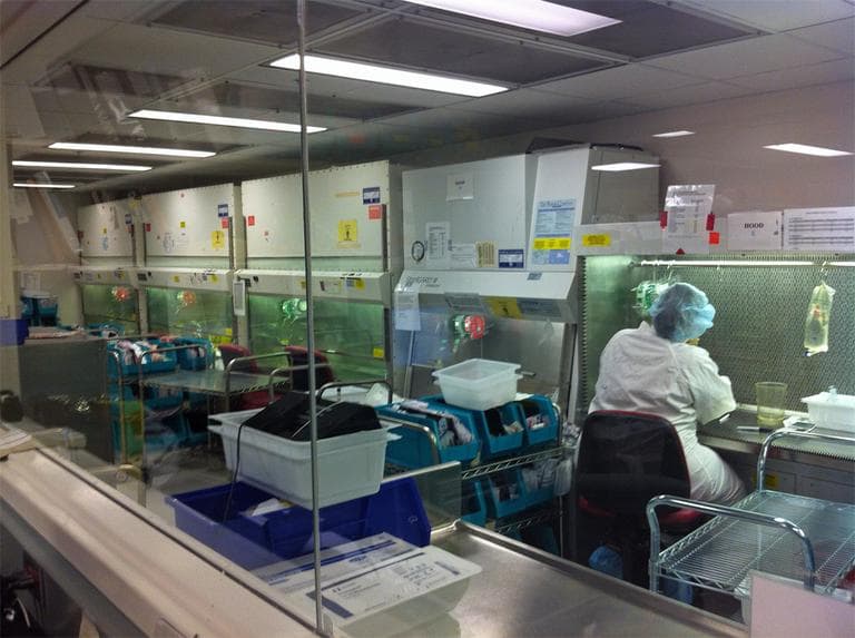 The "clean room" at Massachusetts General Hospital's central pharmacy. (Fred Bever/WBUR)