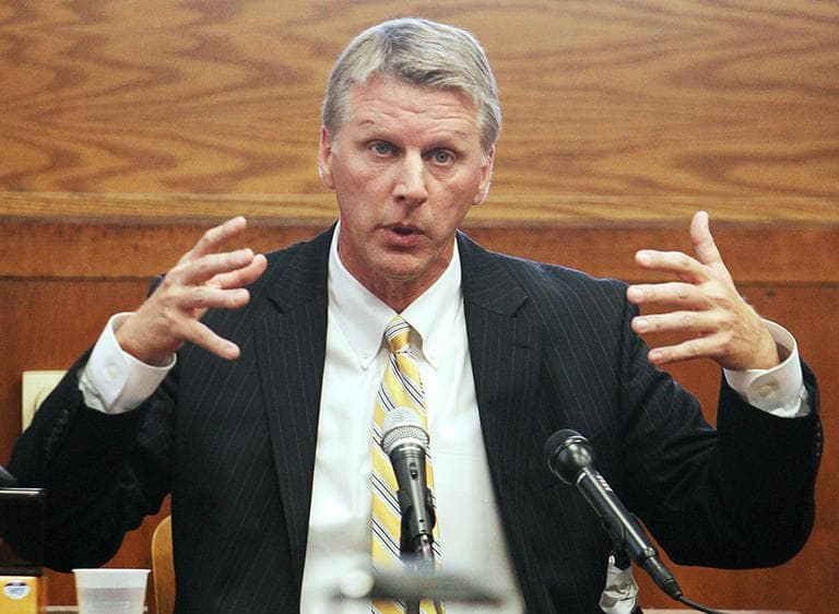 Former Treasurer Timothy Cahill testifies in his own defense during his corruption trial at Suffolk Superior Court in Boston Thursday. (Angela Rowlings/AP, Pool)