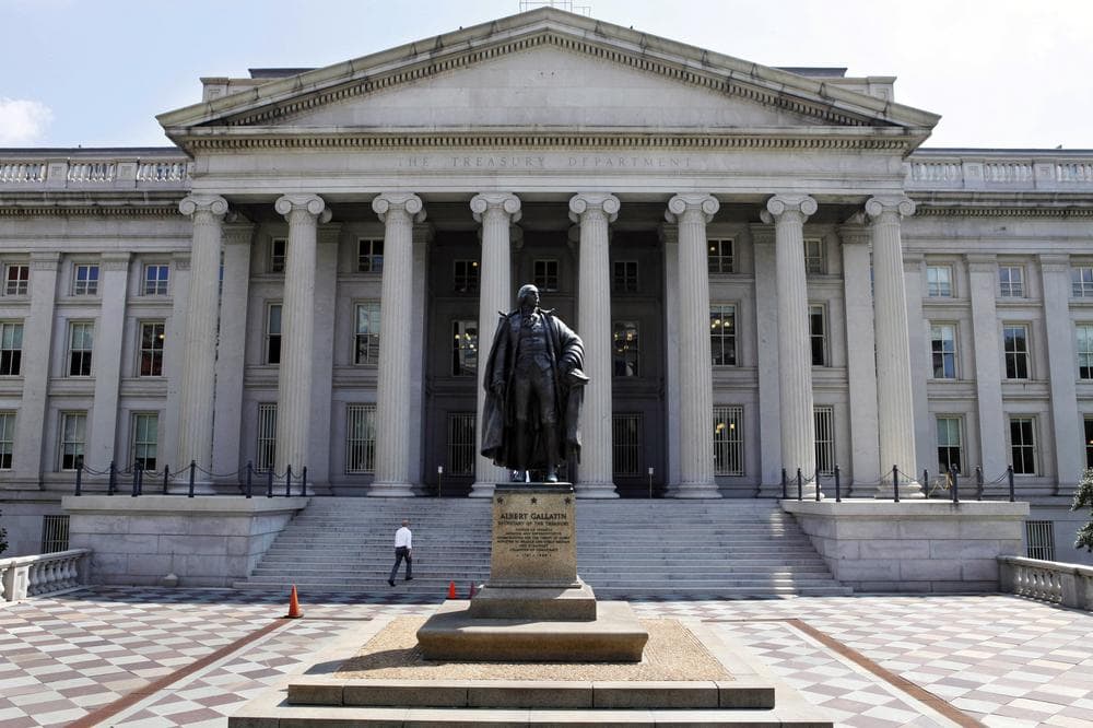 A statue of former Treasury Secretary Albert Gallatin outside the Treasury Building in Washington. (AP)