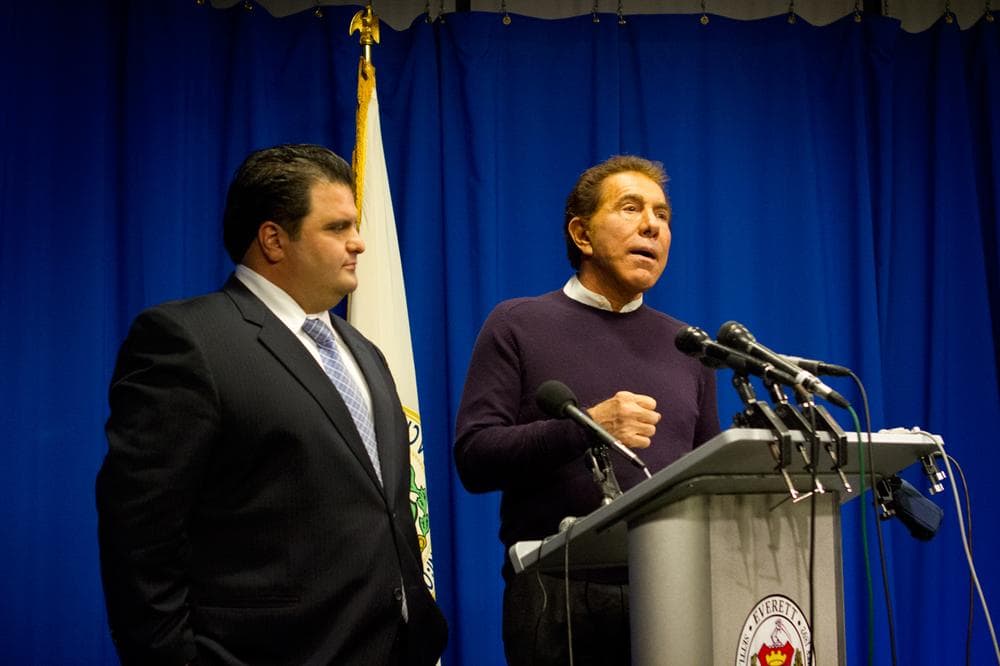 Casino developer Steve Wynn, right, and Everett Mayor Carlo DeMaria speak at a news conference about Wynn's visit to the city and his potential development of a casino along the Mystic River. (Jesse Costa/WBUR)