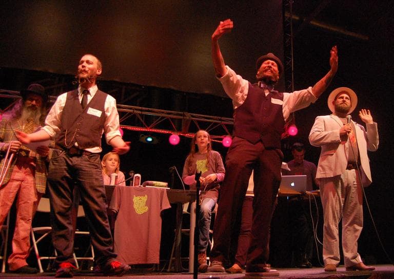 Brian Petrinec (right with hands up) beat out Burt Mayer (left) for best free-style full beard. (Greg Cook)