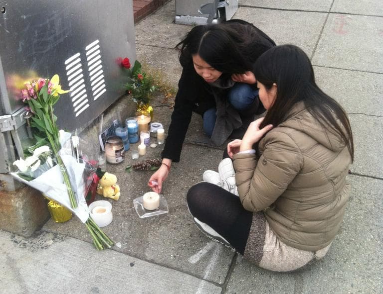 A makeshift memorial for bicyclist Christopher Weigl, who was killed at the intersection of Commonwealth Avenue and St. Paul Street Thursday morning. (Curt Nickisch/WBUR)