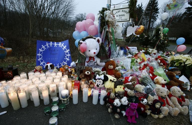 A memorial near the entrance to the Sandy Hook Elementary School on Dec. 16 in Newtown.