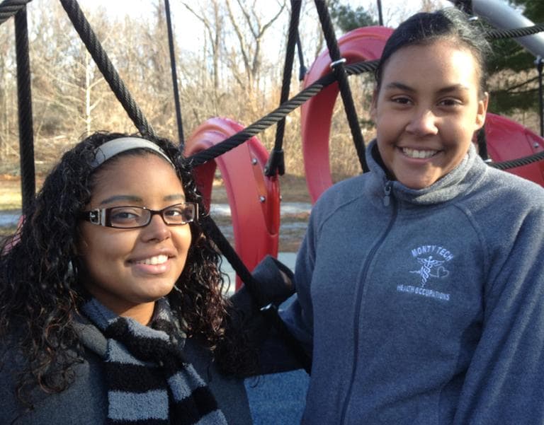 Mari Perez-Cruz, left, and Anna Herrera run events aimed at bringing more parents and kids to Fitchburg park. (Martha Bebinger/WBUR)