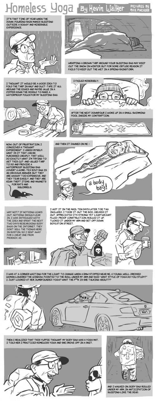 "Homeless Yoga" comic strip by Kevin Walker, with pictures by Rick Pincherr.
