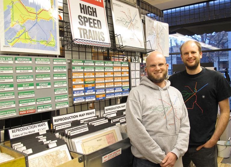 Brothers Steven, left, and Brian Beaucher own Cambridge's Ward Maps. (Monica Brady-Myerov/WBUR)