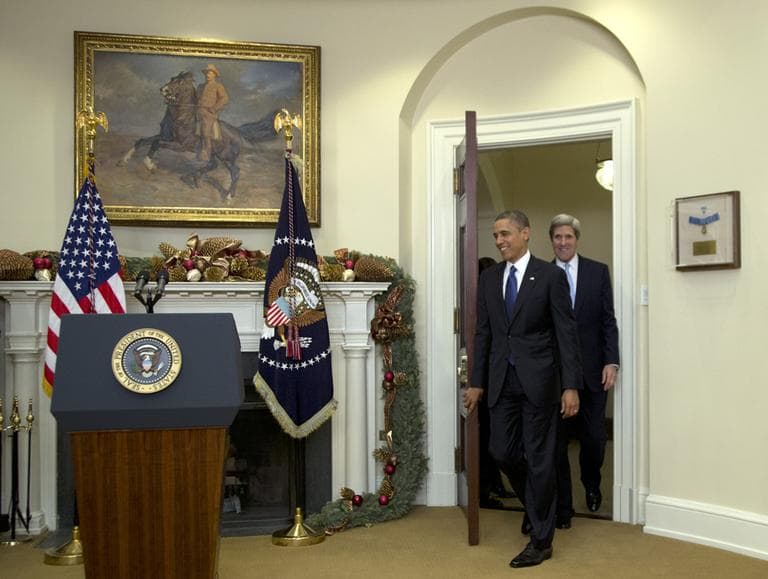President Barack Obama and Sen. John Kerry arrive for a new conference to announce Kerry's nomination as the next secretary of state Friday. (Carolyn Kaster/AP)