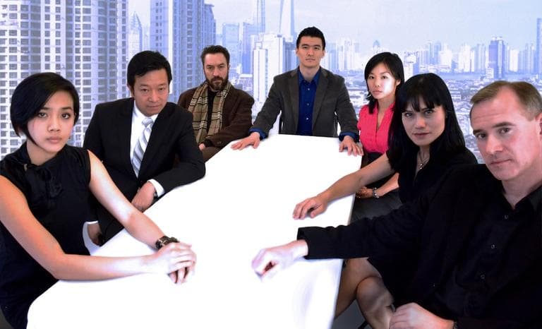The cast of "Chinglish" &mdash; Tiffany Chen, Michael Tow, Alexander Platt, Chen Tang, Liz Eng, Celeste Oliva, and Barlow Adamson.  (Photo courtesy of Lyric Stage Company of Boston/Nerys Powell)