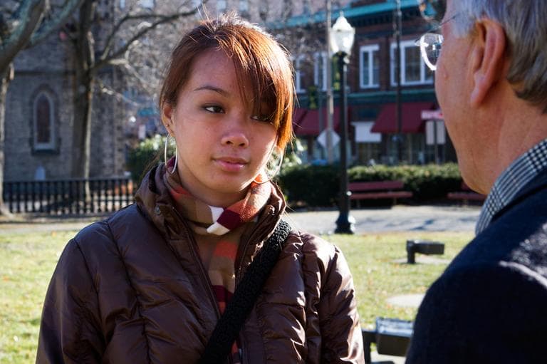 Nga Truong speaking with David Boeri. (Jesse Costa/WBUR)
