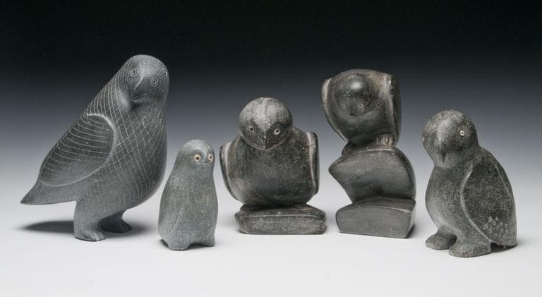 Sculptures of owls. Left to right: Jacques Kabluitok, Kangiqliniq, c. 1965; unidentified artist, Naujaat, c. 1960; Jimmy Arnamissak, Inukjuak, 1959; Jimmy Arnamissak, Puvirnituq, c. 1961; unidentified artist, Naujaat, c. 1965. Photograph by Mark Craig. (Artwork courtesy Dorset Fine Arts and the Inuit Art Foundation. Images copyright the President and Fellows of Harvard College.)