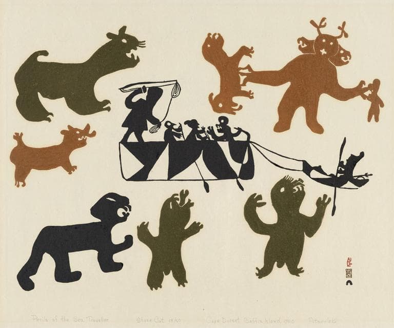 "Perils of the Sea Traveler," Pitseolak Ashoona, Kinngait, 1960. Printed by Eegyvudluk Pootoogook. (Artwork courtesy Dorset Fine Arts and the Inuit Art Foundation. Images copyright the President and Fellows of Harvard College.)