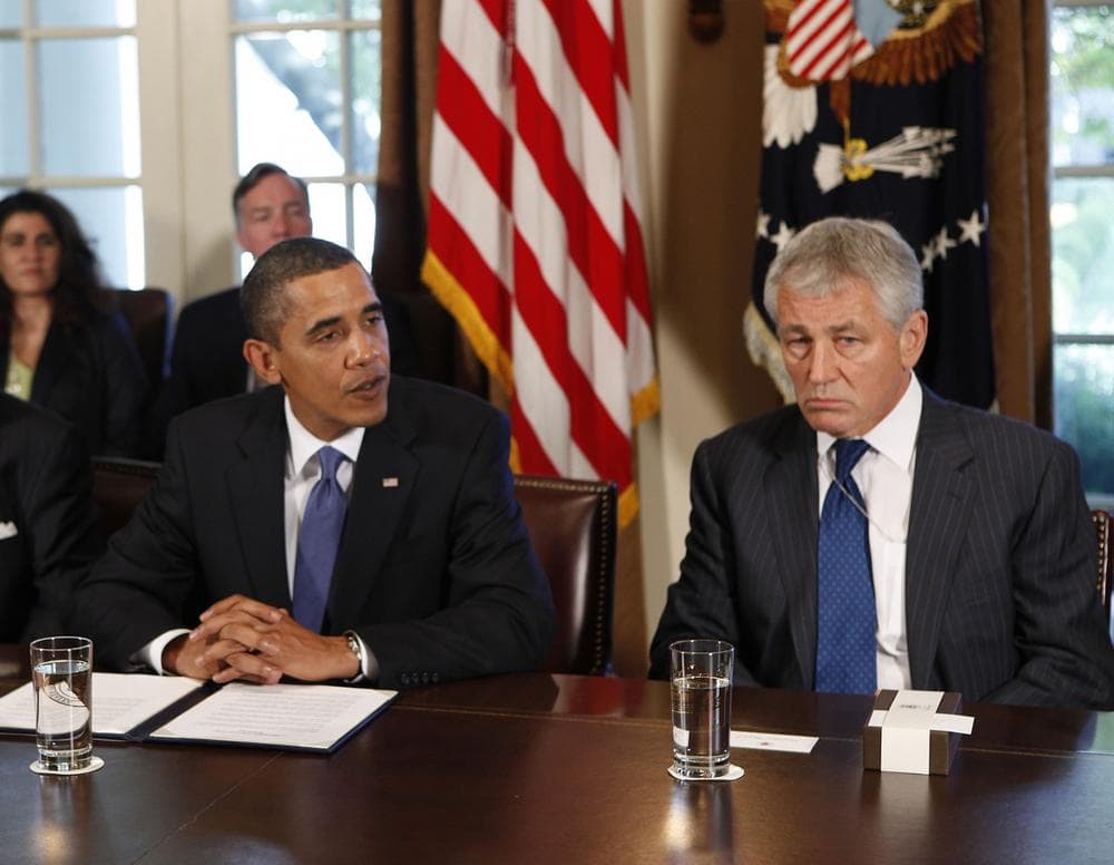 President Barack Obama and former Nebraska Sen. Chuck Hagel in the Cabinet Room of the White House in Washington, Wednesday, Oct. 28, 2009. (Gerald Herbert/AP)