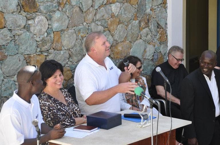 Parents Cherylann and Len Gengel, second and third from the left, at the dedication of the orphanage on Jan. 5 (Courtesy)