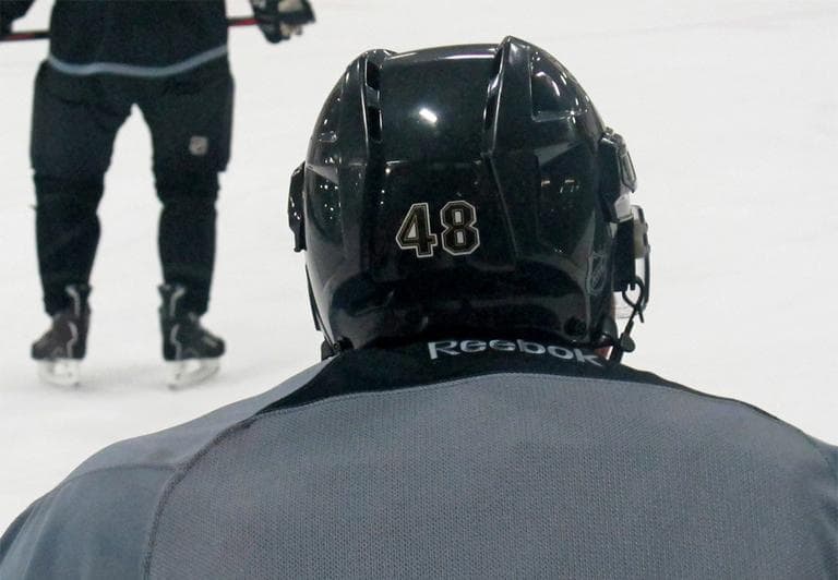 The number 48 represents a full slate of games in this lockout-shortened campaign. It's also Chris Bourque's number. The winger and son of Hall of Famer Ray Bourque is starting his first season with the Bruins. (Doug Tribou/WBUR)