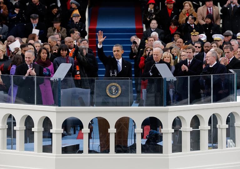 President Barack Obama waves to crowd after his Inaugural speech at the ceremonial swearing-in on the West Front of the U.S. Capitol during the 57th Presidential Inauguration in Washington, Monday, Jan. 21, 2013. (Scott Andrews, Pool/AP)