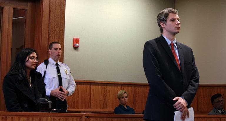 Ex-state chemist Annie Dookhan, left, is seen with her lawyer, right, at her arraignment Wednesday. (Joe Spurr/WBUR)