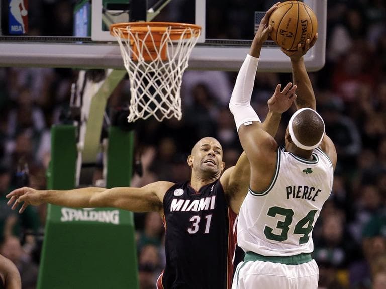 Paul Pierce (34) shoots over Miami Heat forward Shane Battier (31). (AP/Steven Senne)