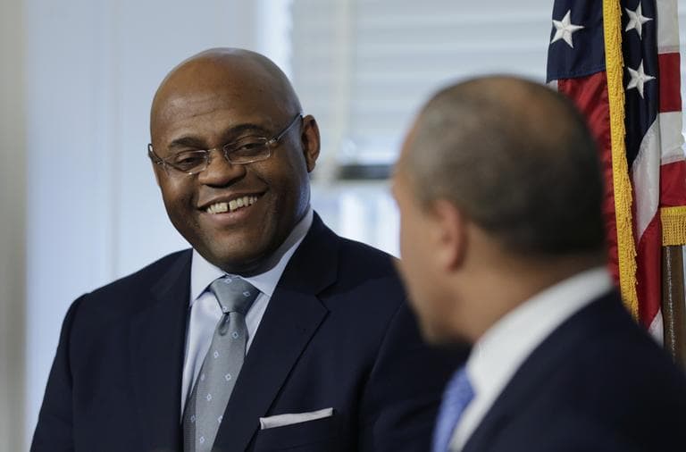 William "Mo" Cowan, left, with Mass. Gov. Deval Patrick during a news conference where he was named interim U.S. Senator for the seat vacated with the resignation of Sen. John Kerry. (Charles Krupa/AP)