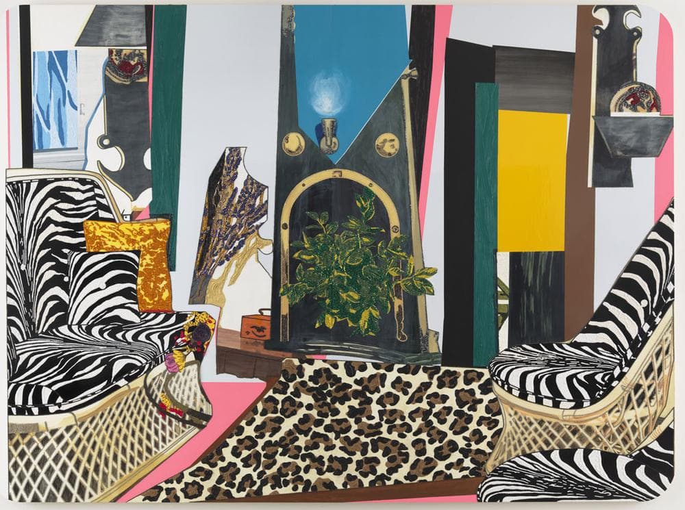 Mickalene Thomas's 2012 painting "Interior: Zebra with Two Chairs and Funky Fur." (Courtesy of the artist and the ICA)