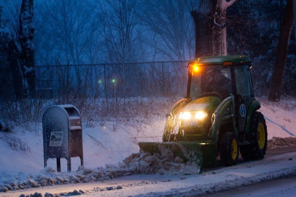 Snow being plowed in Cambridge. (Jesse Costa/WBUR)