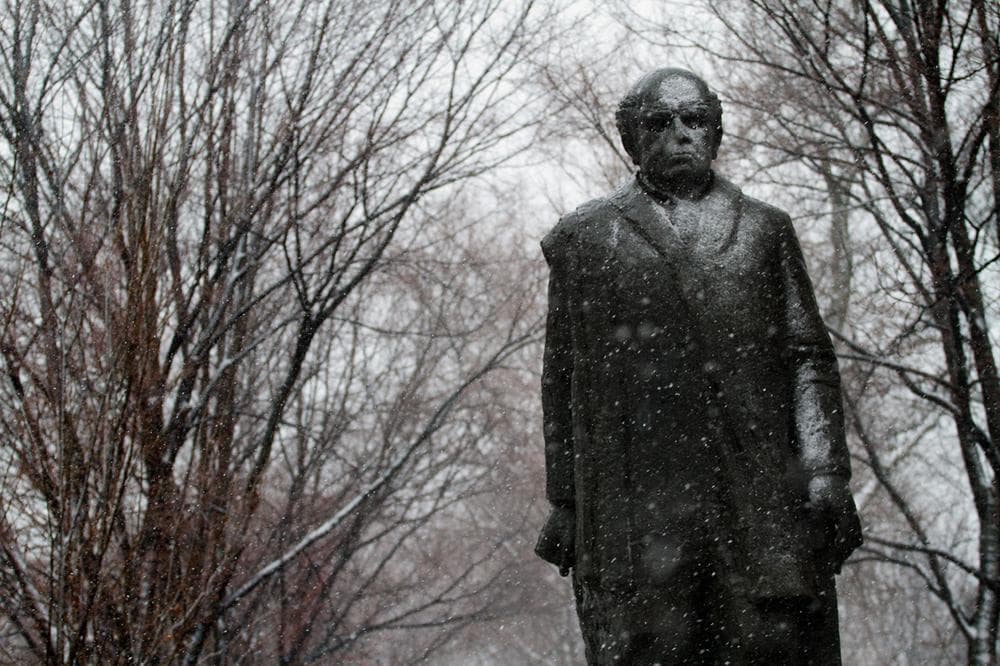 A bronze and cement statue of Domingo Faustino Sarmiento on Commonwealth Avenue, part of Boston's Emerald Necklace. (Jesse Costa/WBUR)