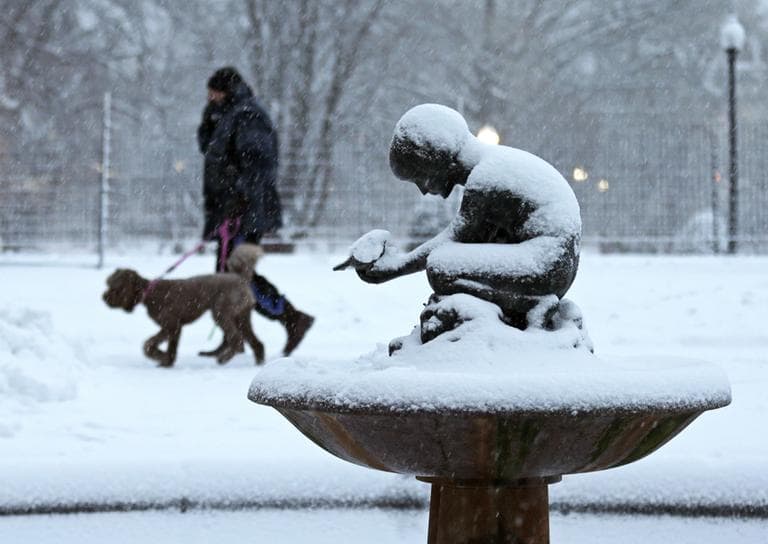 A man walks his dog past the snow covered "Boy and Bird" fountain in the Boston Public Garden in Boston, Friday. (Charles Krupa/AP)